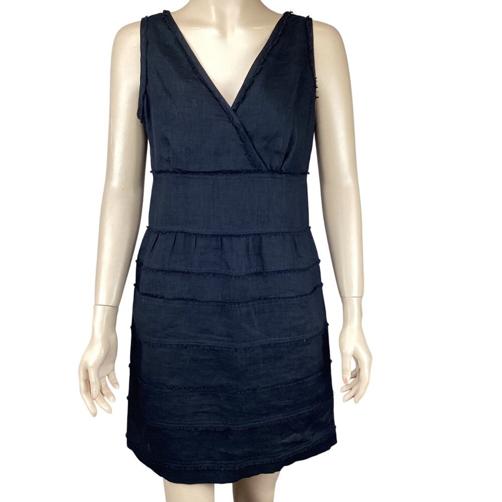 Talbots Womens Dress Size 6 Black Linen Sleeveless Sheath Fringe Raw Edge Tiered